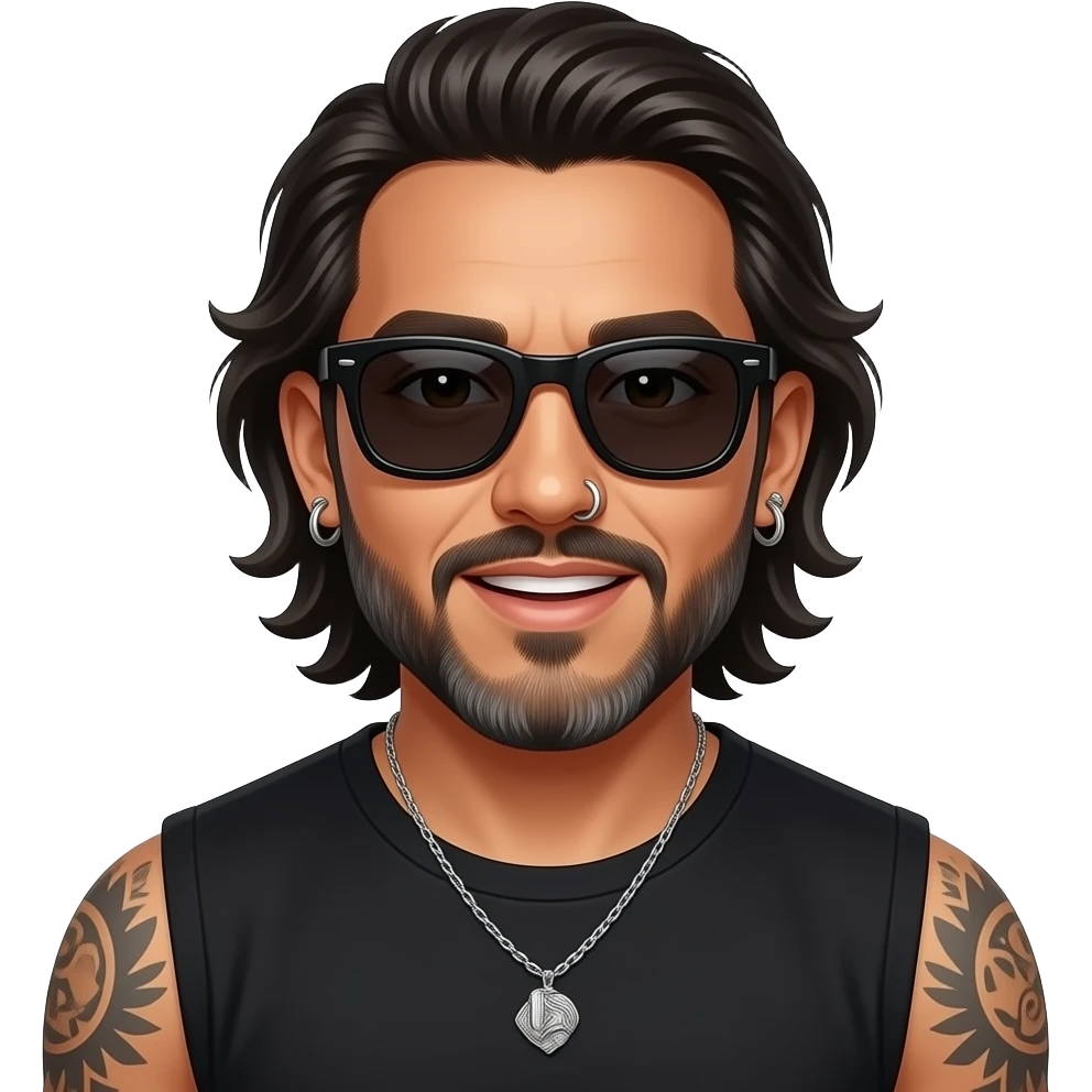 The handsome manly Latino podcast host with medium length hair, a long slightly graying beard and tattoos with his ears pierced 1 time each ear and a nose ring on the right side, dark brown eyes, wearing black, dark sunglasses, and jewelry, singing emoji
