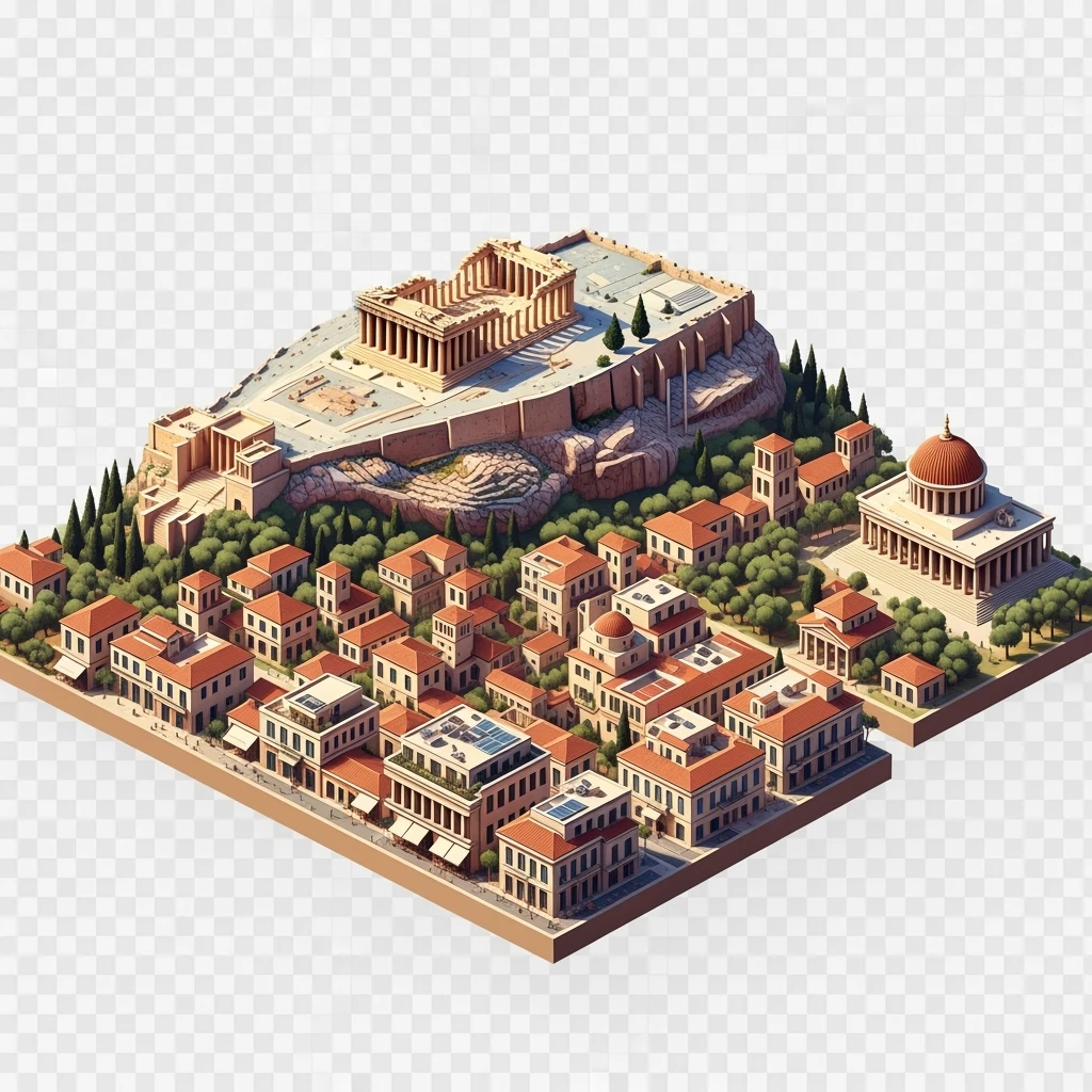 Isometric illustration of Athens, featuring the Parthenon on the Acropolis hill, highly detailed in semi-realistic style balanced between stylized and realistic, 3D miniature effect, transparent background. emoji