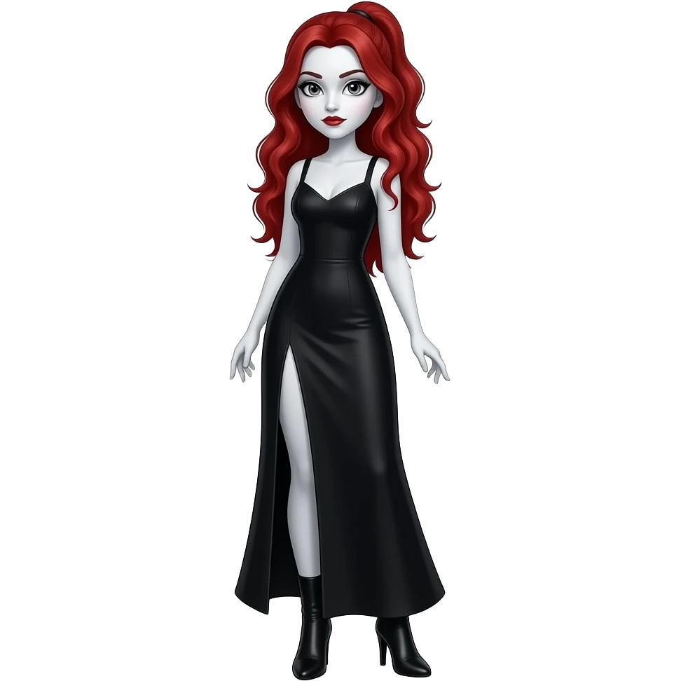 Vampiro femmina ADOLESCENTE con pelle bianca e capelli rosso ondulati lunghi raccolti in una mezza coda che indossa un vestito  LUNGO fino ai PIEDI nero e stivali lunghi con tacco neri emoji
