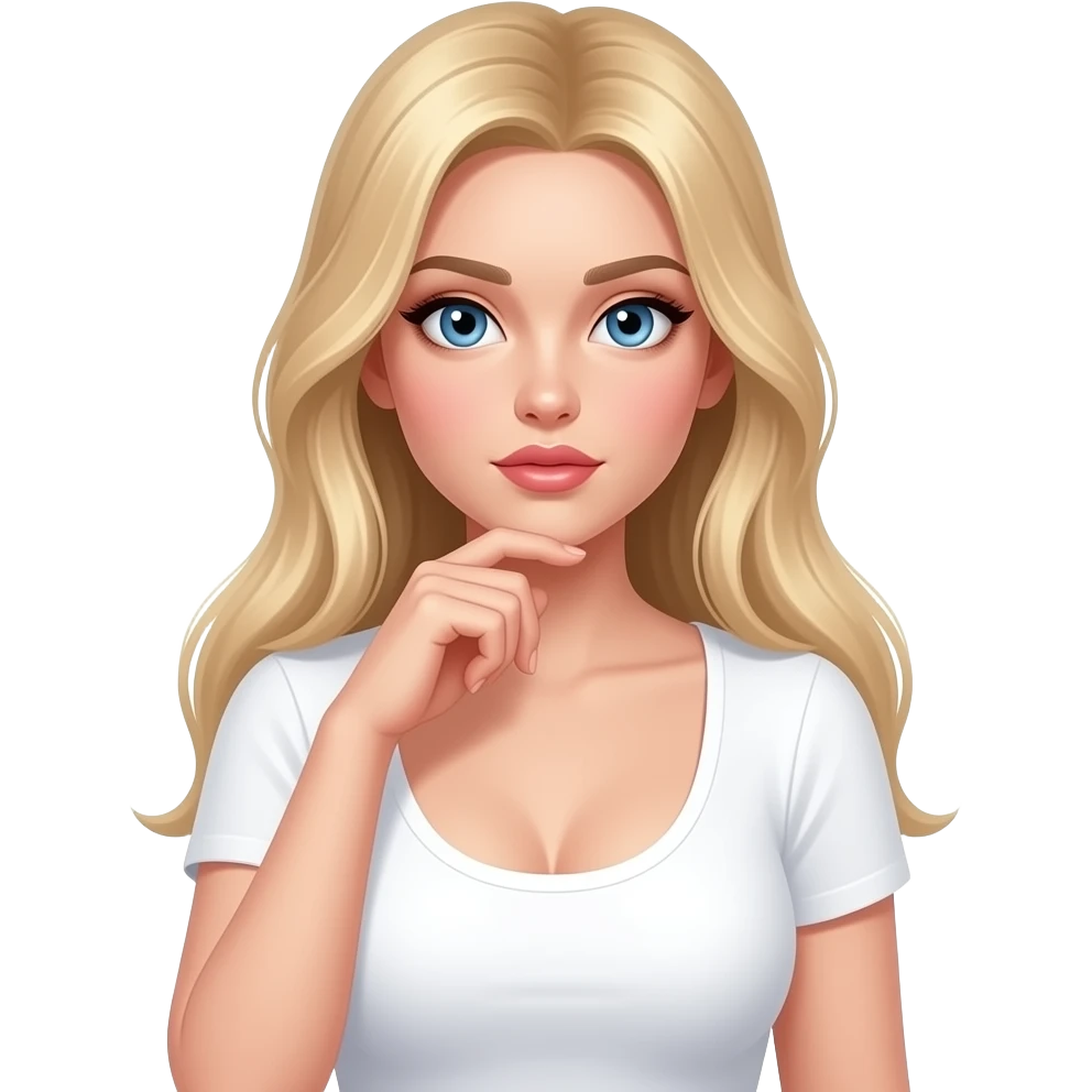 ragazza russa bionda occhi azzurri capelli lisci lunghi, seno prosperoso  titubante mano sotto il mento maglietta bianca emoji