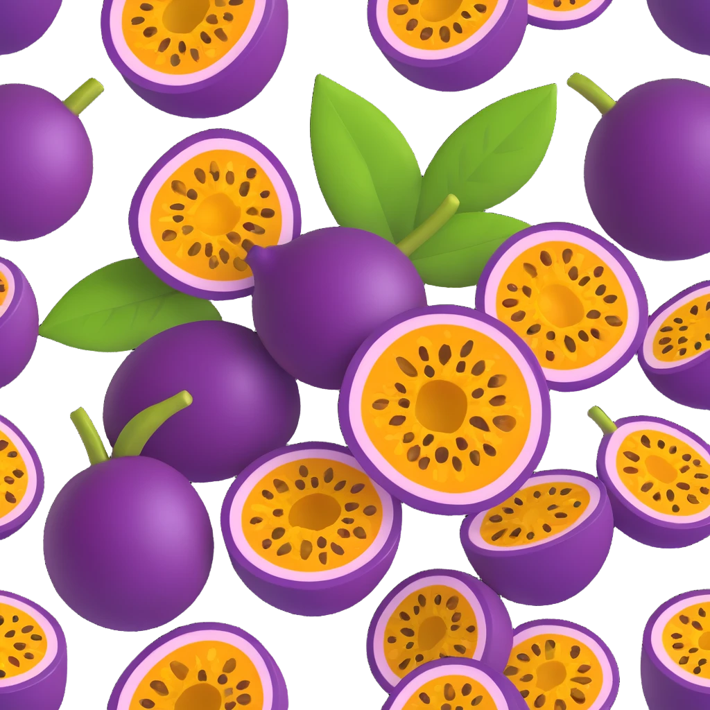 a cluster of passion fruits, some whole and some cut, rich purple color, fresh and inviting emoji