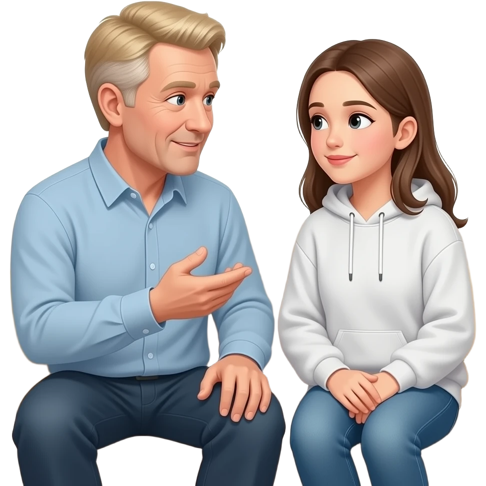 65-year-old blond father talking to his teenage daughter wearing a large sweatshirt and jeans on a couch, looking into each other's eyes emoji
