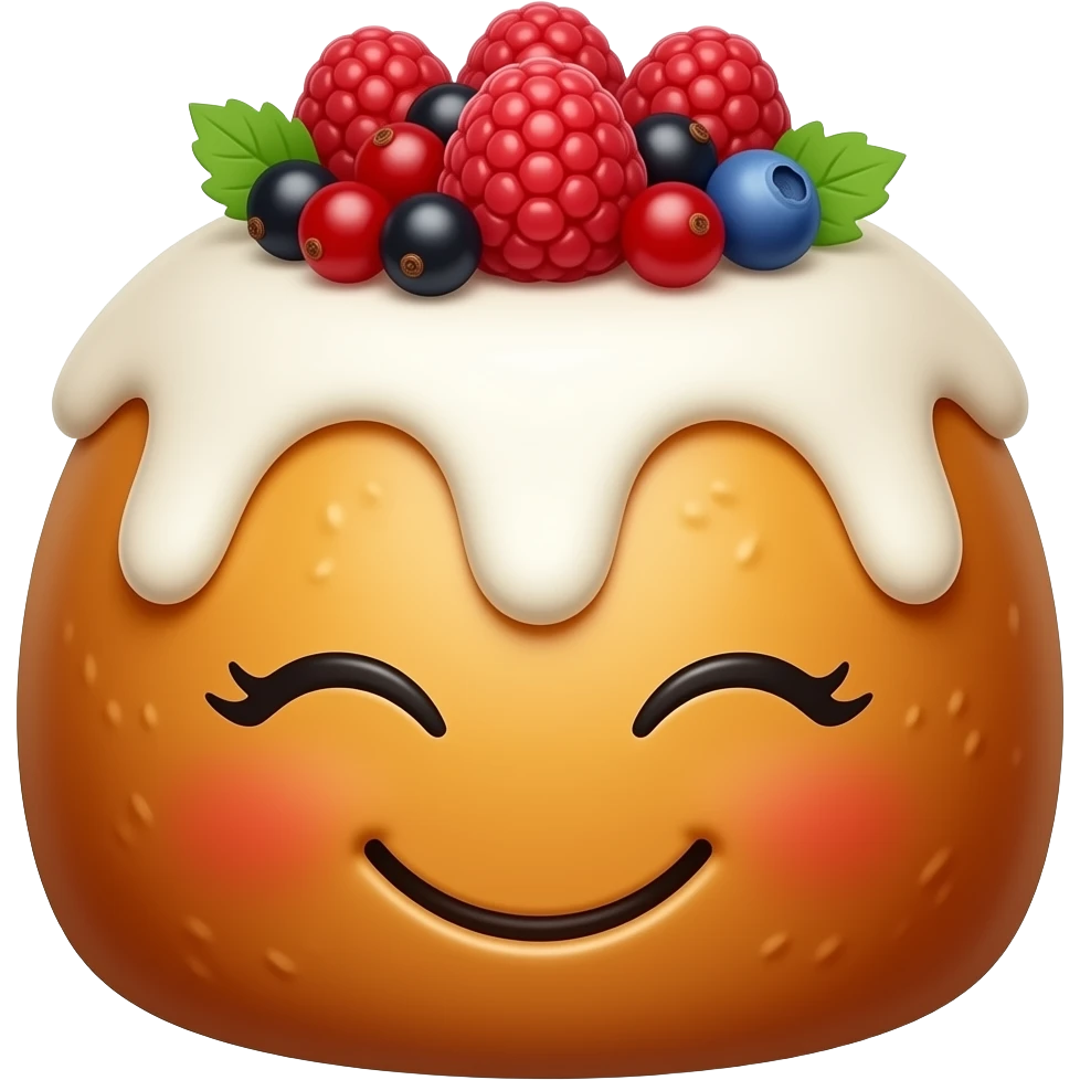 Улыбыющийся панеттоне золотистого цвета, с глазами и ресницами с белой глазурью и украшением сверху из ягодок малины, грозди смородины красной черной, черники, зелеными лепестками emoji
