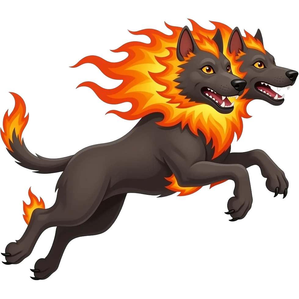 cinematic - cerberus, a three-headed evil flaming dog - jumping - that guards the gates of the underworld emoji