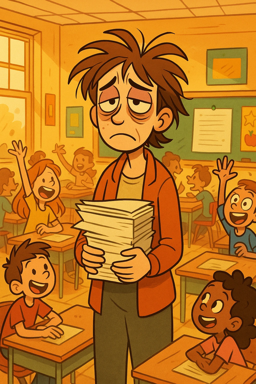 digital cartoon art of a exhausted teacher in a bustling classroom emoji