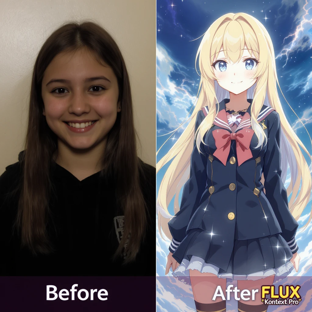 create before after image of a girl before is realsitic photo, after is anime version of her in same pose and clothes, add logo with text of a "FLUX Kontext Pro" emoji