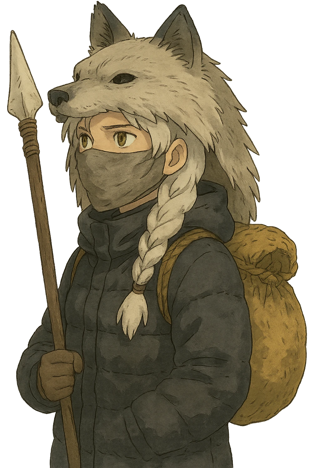 1 female, gold yellow eyes, white hair with a single long braid, wolf headdress, rag face covering, dark colored puffer parka, gazing into the distance. overcast lighting. the has a burlap bag-rope backpack, and a wooden spear with a bone knife tip emoji