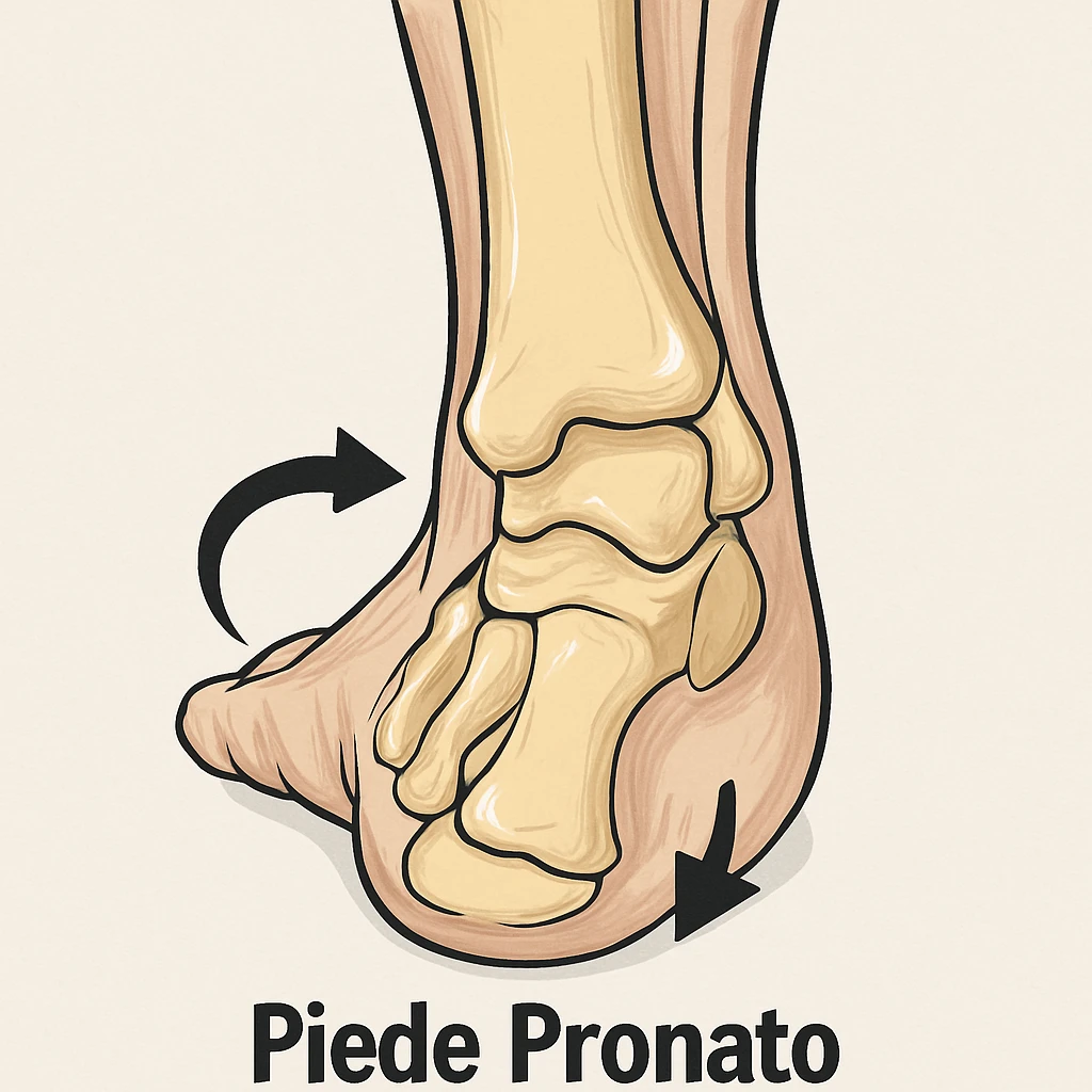 Anatomical illustration of a pronated foot, detailed bones and soft tissue, medical style, neutral background, with arrows showing pronation movement, inspired by the reference image. emoji