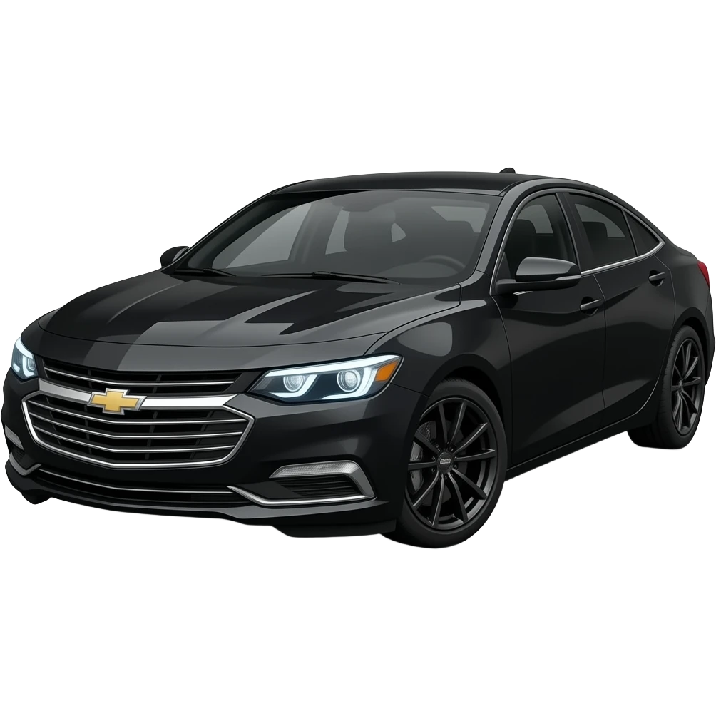 A realistic 3D emoji of a glossy black Chevrolet Malibu Premier, blackout limousine tint windows, gloss black alloy rims, ice blue LED headlights with a sharp glowing halo, high-detail, glossy finish, isolated on white background. emoji
