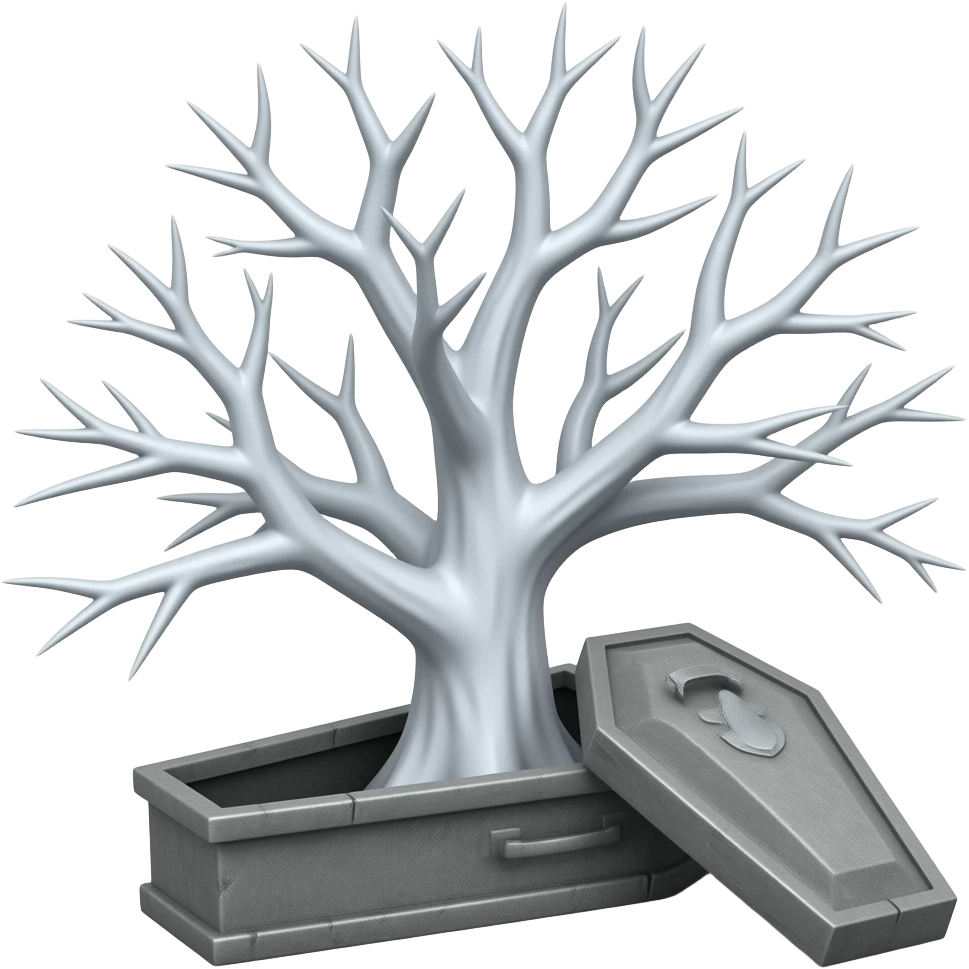 3d - white bare haunted tree grows from a dilapidated casket emoji