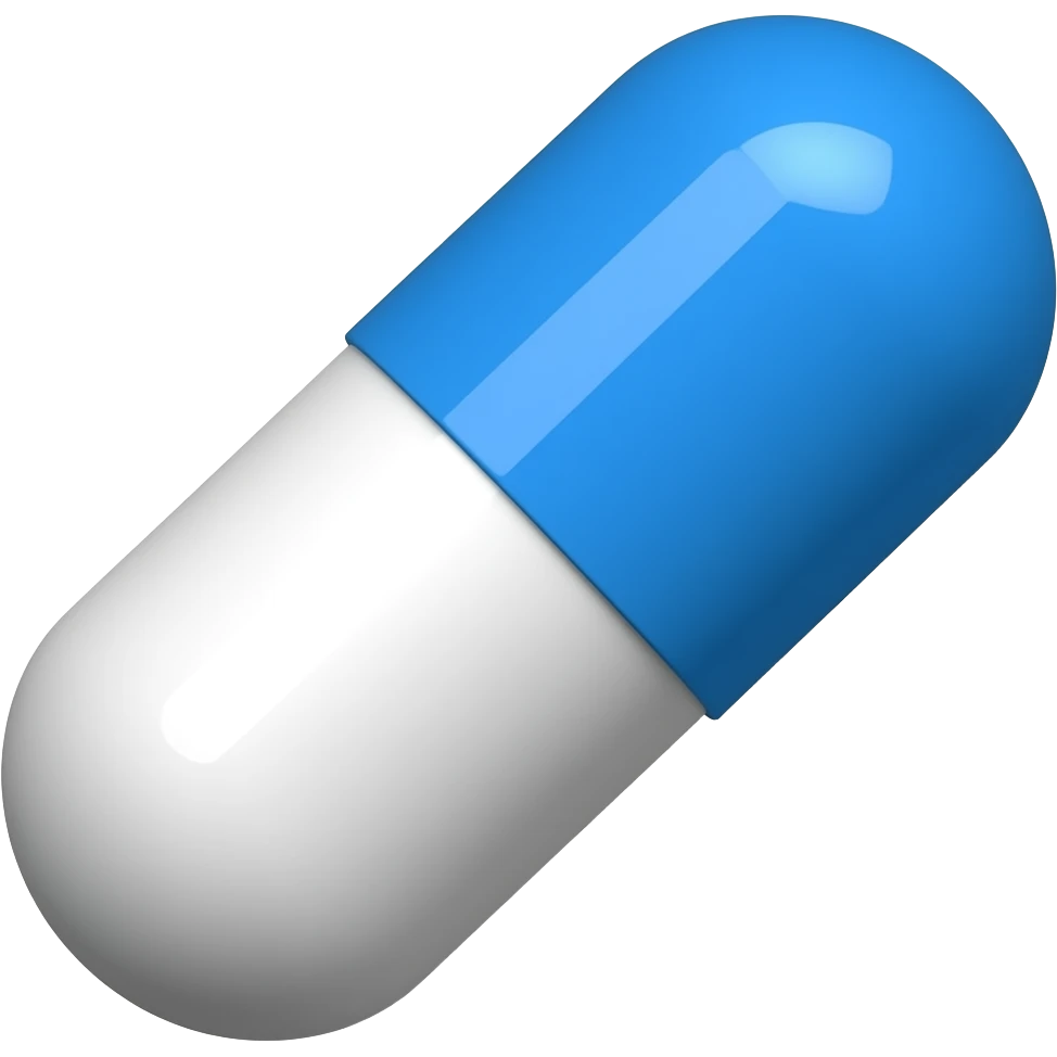 A pill emoji where one of the colors is white and the other is blue. the bottom of the pill is tilted to the right emoji