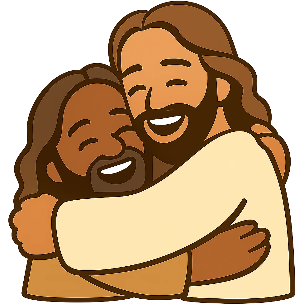 Edit the image of Jesus hugging a person in a basic emoji style with flat colors and no gradients. Both characters should be smiling. The background should be transparent. The style should resemble simple emoji art with flat colors and simple faces. emoji
