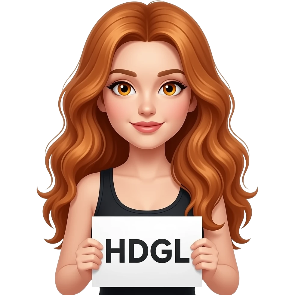 sexy girl with long wavy ginger hair and ginger eyes wearing a black tanktop is holding a white sign with HDGL written on it emoji