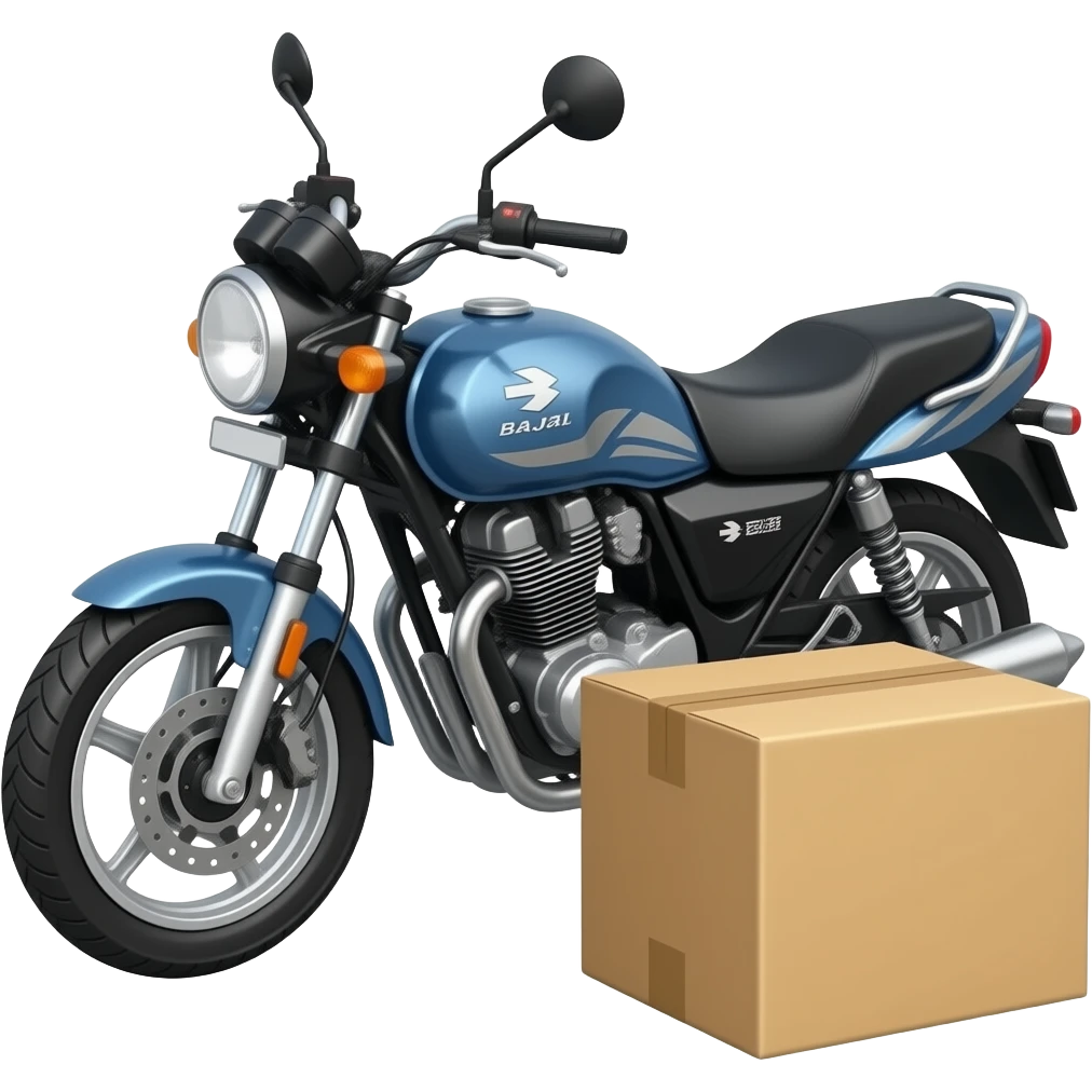 A Bajaj Boxer motorcycle with a delivery box beside it. No Name on the box emoji