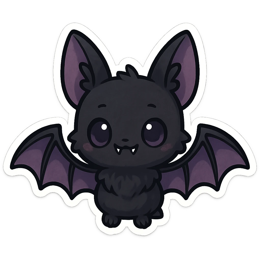 gothic chibi sticker, black and purple bat, fun and spooky, chibi style emoji