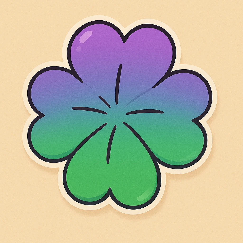 Remove the stem and make the four leaf clover more bubbly, keep the cartoon style and the top to bottom purple to green gradient. emoji