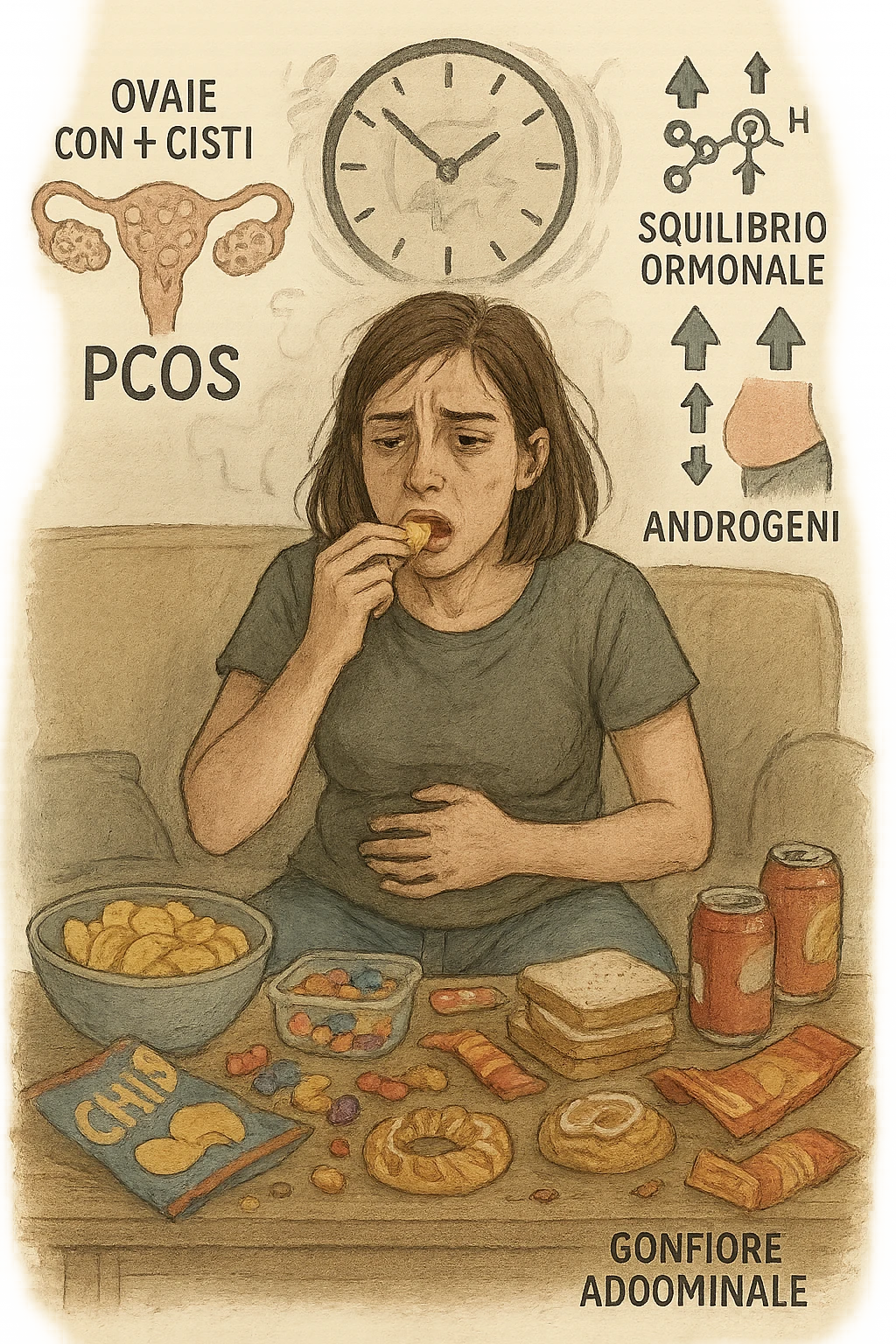 Donna tra i 25 e i 35 anni seduta sul divano o a un tavolo disordinato, circondata da cibi sparsi e poco sani: patatine, dolci, pane bianco, snack confezionati, bibite. Mangiando di fretta, ha un’espressione stanca e frustrata. Intorno a lei, in trasparenza o come illustrazione simbolica, si vedono gli effetti della PCOS peggiorata: ovaie con cisti multiple, squilibrio ormonale (↑ insulina, ↑ androgeni), gonfiore addominale. Sullo sfondo, orologio che corre o caos visivo che comunica disorganizzazione alimentare. Colori spenti e atmosfera stanca. Stile realistico con elementi simbolici e informativi. in italiano emoji