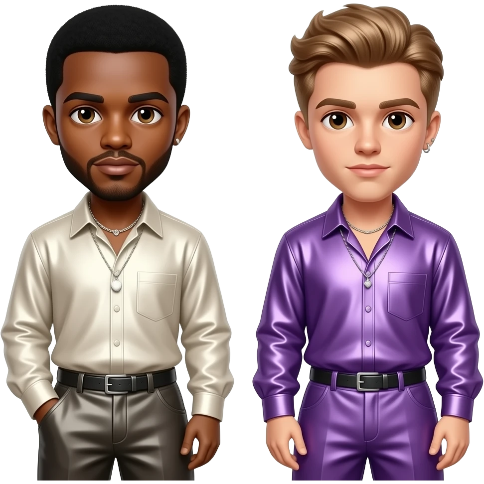 Usher with brown eyes, black hair, ivory metallic shirt and baggy pants, necklace, Justin Bieber with brown eyes, light brown hair, purple metallic shirt and baggy pants, necklace emoji