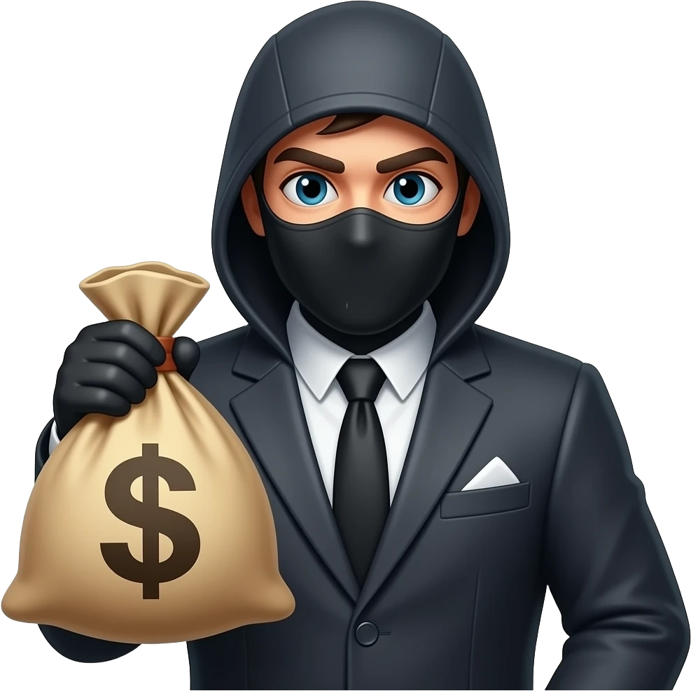 Ladrón con la cara cubierta y una bolsa de dinero en la mano emoji