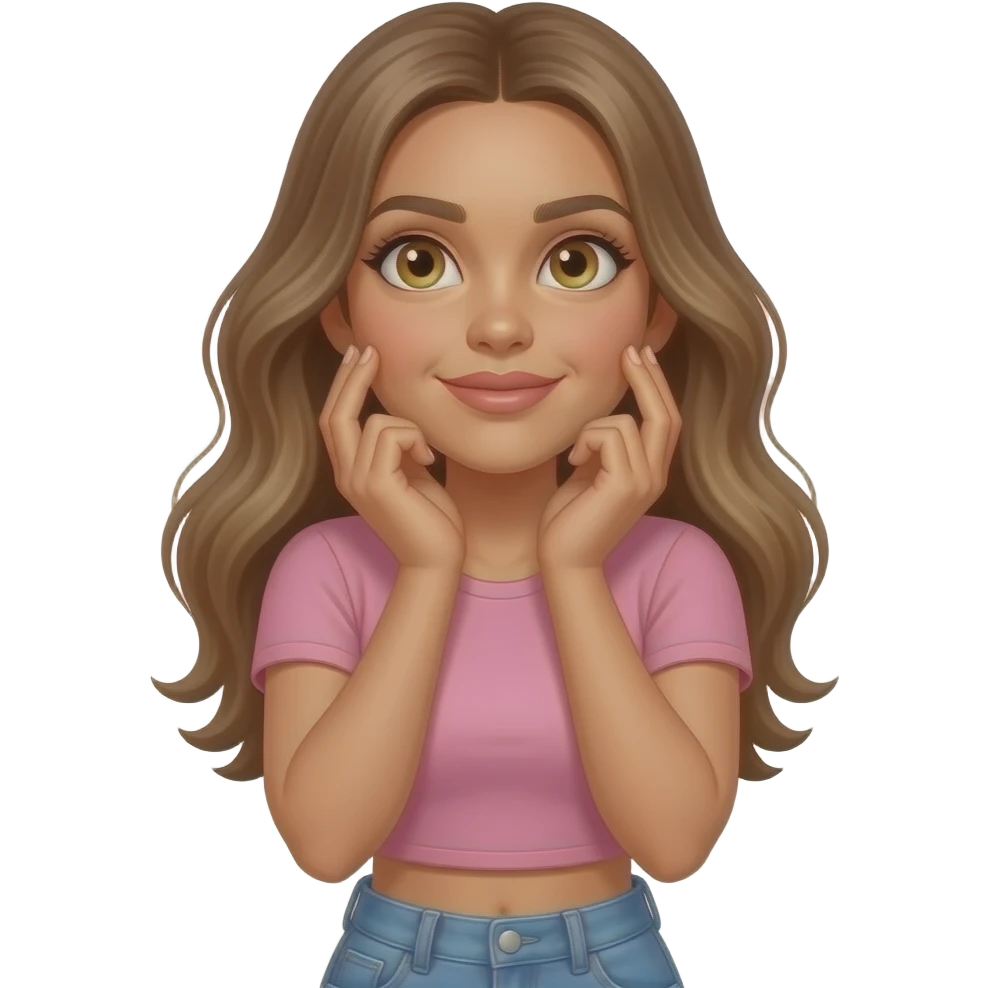 A woman that looks like Adriana Lima thinking and looking up and has her hands on her cheek and is planning something and is wearing a baby pink crop top with some jeans and has brown light hair and light hazel eyes and needs to look like Adriana Lima emoji