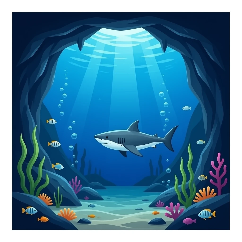 Underwater cave with fish and shark emoji