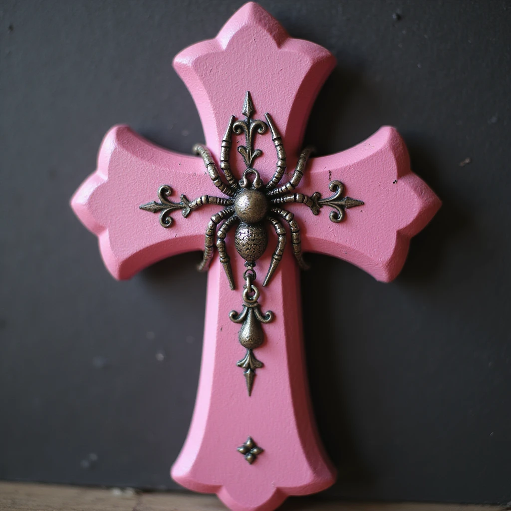 realistic gothic cross, pink with a spider charm, photorealistic style emoji