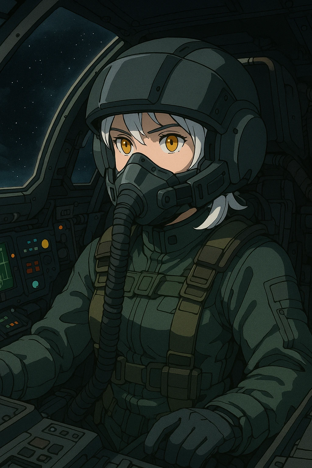 INSIDE of a space fighter cockpit, the pilot is 1 female, white hair, gold yellow eyes, wearing a pilot face helmet and pilot jumpsuit. modern era, future warfare emoji