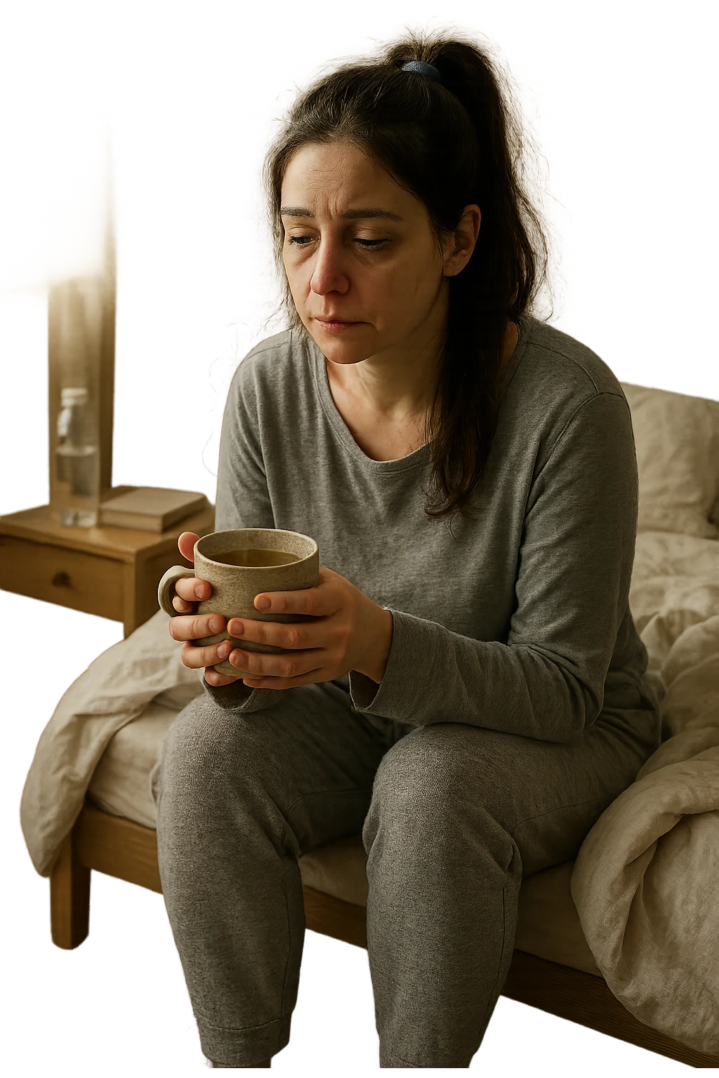 A realistic, cinematic illustration of a woman in her early 30s with a tired, pale appearance, sitting on the edge of her bed in a softly lit bedroom during the morning, looking exhausted and drained. Her posture is slightly slouched, and dark circles are visible under her eyes. She wears comfortable loungewear, holding a warm cup of herbal tea in her hands, seeking comfort. The scene includes a cozy yet slightly messy room with a blanket, a water bottle, and a book on the nightstand, emphasizing chronic fatigue. Soft natural light comes through the window, highlighting her expression of persistent tiredness despite rest, capturing the invisible struggle of chronic fatigue syndrome while maintaining dignity and a gentle aesthetic. emoji
