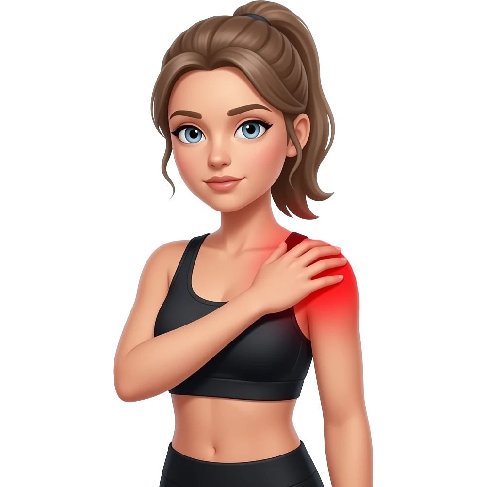 shoulder pain, full red glow covering both shoulders and upper shoulder area, woman holding one shoulder, fair-skinned woman, gray-blue eyes, ash brown brows, ash light brown hair tied back, slim athletic body, black workout set emoji