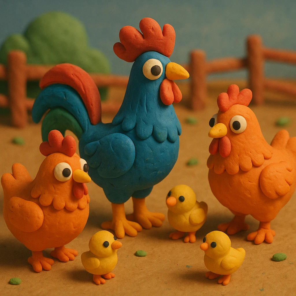 rooster with hens and chicks, cheerful farmyard scene, colorful and cute in claymation style emoji