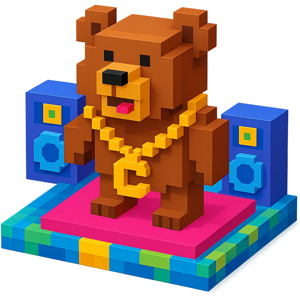 Russian grizzly bear with a rapper chain, standing on a stage emoji