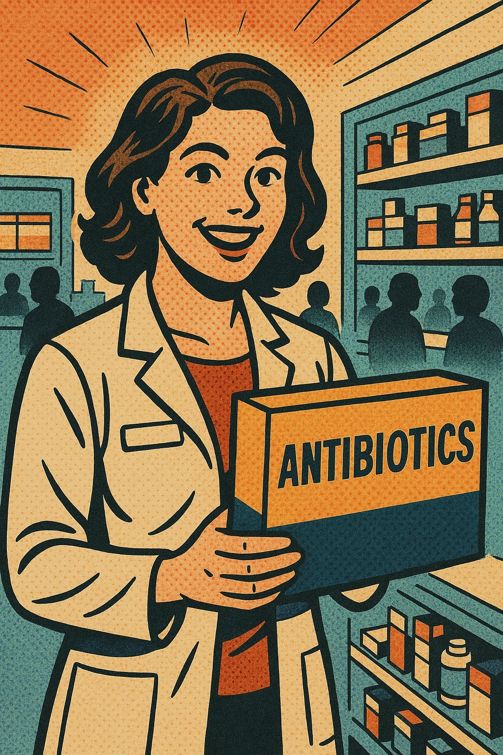 the full body of a A friendly modern day female pharmacist holding a large box of antibiotics in her hand. In the background are shelves of other medications in the pharmacy with patients waiting to be served emoji