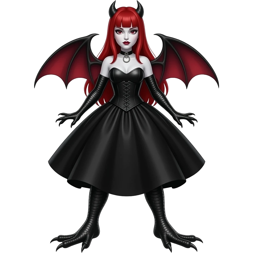 Vampiro femmina con pelle bianca capelli lunghi  rossi dritti e la frangetta che indossa un abito stretto in vita e largo sotto che arriva alle ginocchia nero amiche lunghe con anfibi lunghi, emoji