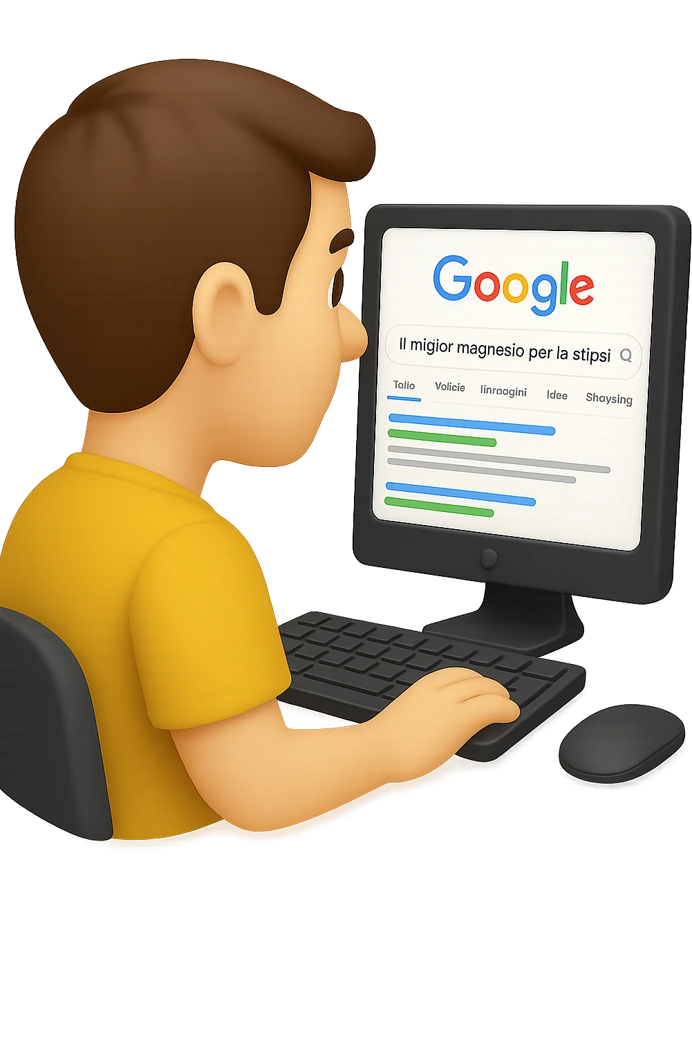 emoji stile iphone di un uomo davanti al pc che cerca di google: "Il miglior magnesio per la stipsi", iperrealistico 4k emoji