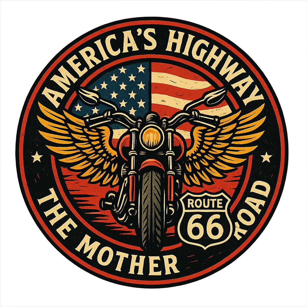 circular design for motorcycle cap, transparent background, text 'AMERICA'S HIGHWAY - ROUTE 66 - THE MOTHER ROAD', motif: motorcycle, wing, American flag, dynamic style emoji