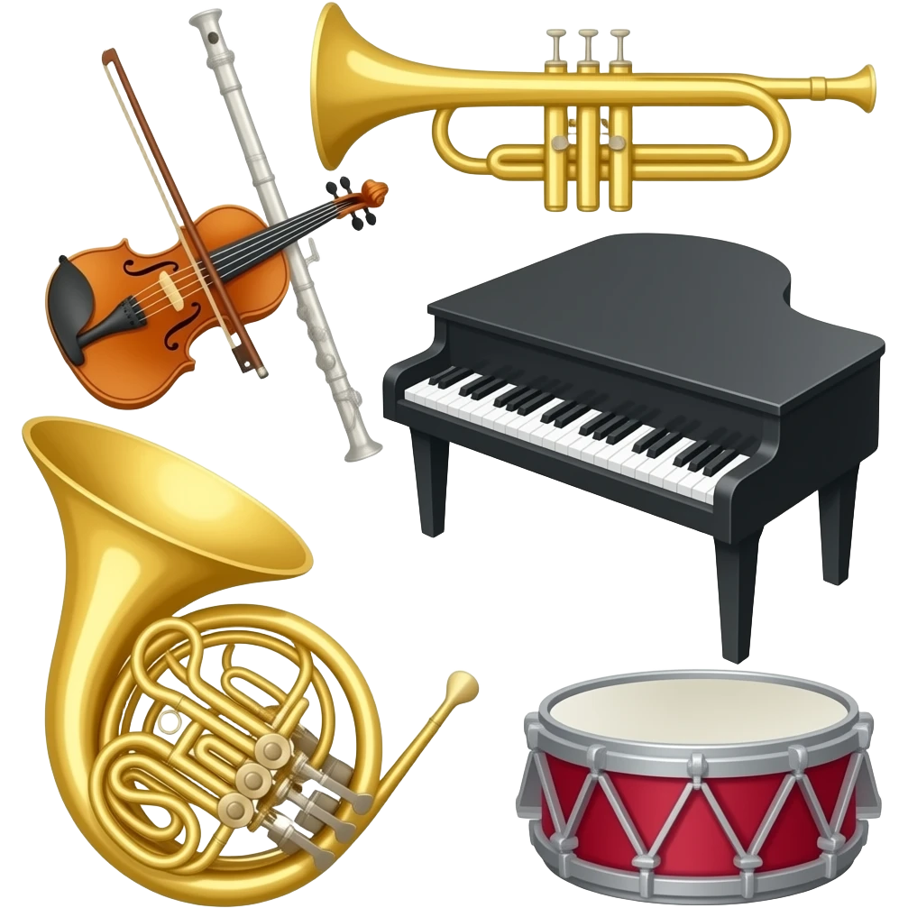 Trumpet, flute, violin, piano, French horn, and timpani emoji