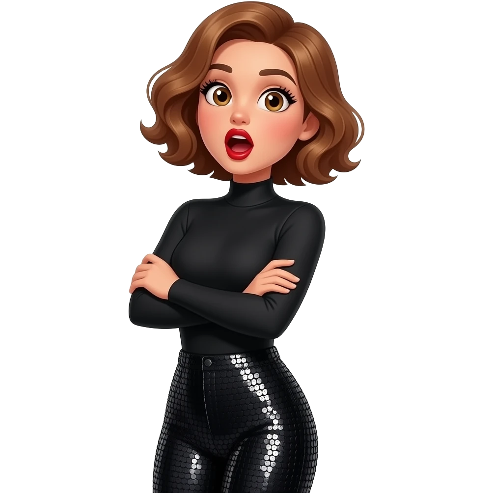 glamours,-tanned,-very-beautiful-woman-with-big-plump-red-lips,-long-long-lashes,-honey-silky-very short- hair,-wavy-hair,-hazel-eyes- wearing-black-Long-sleeved-bodysuit-and-black-sequinned-pants-eyes-wide-open-look-of-surprise-and-mouth-open-round- wide-arms-crossed-throwing head back-waist-up emoji