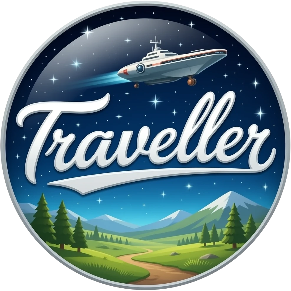 GURPS logo with "Traveller" on a starfield with a free trade starship in the background in a landscape format, size of 1600 x 800. emoji