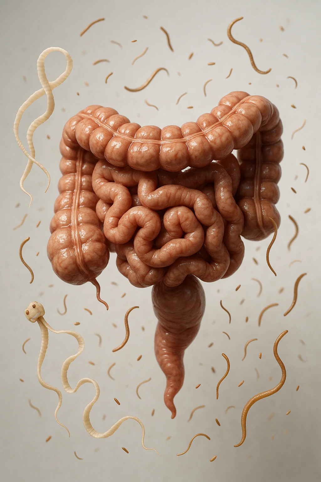 INTESTINO UMANO ANATOMICO REALISTICO FLUTTUA IN ARIA INSIEME A PARASSITI COME LA TENIA, SFONDO CHIARO, iperrealistico 4k emoji