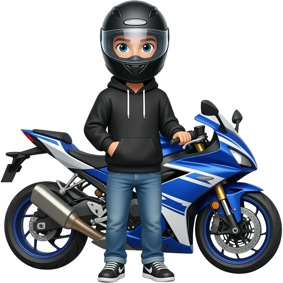 young man with blue jeans and a black hoodie wearing a black motorcycle helmet, it covers his face completely and in front of him is standing a blue white motorcycle emoji
