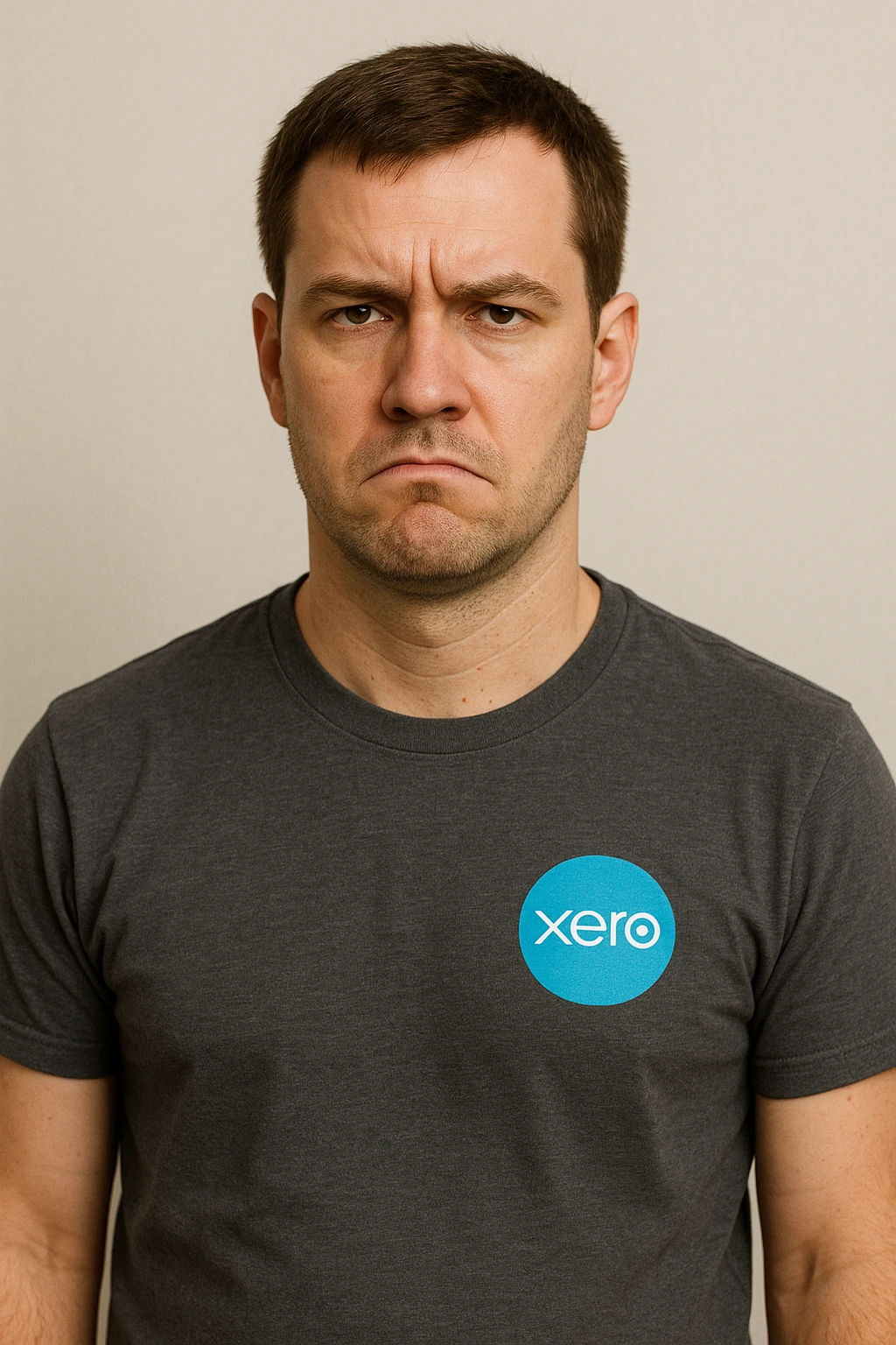 unamused man, short brown hair, Xero software shirt, plain background emoji