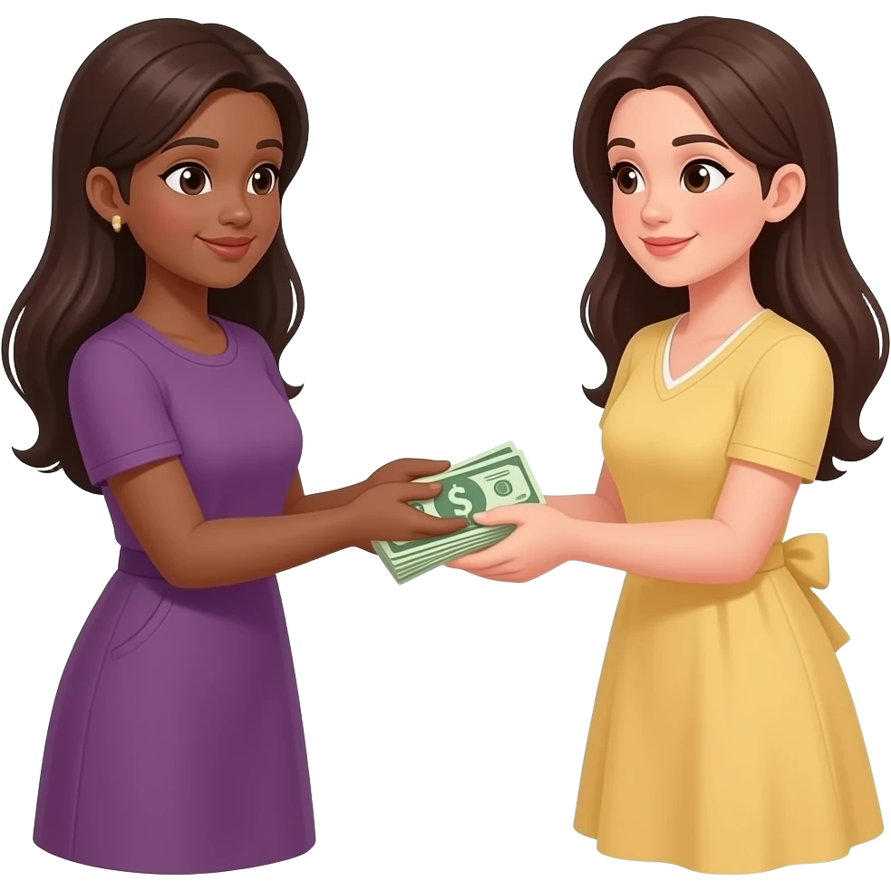 two female hands exchanging money, one hand with dark brown skin tone, feminine hands, cash payment, giving money, receiving money, transaction emoji emoji