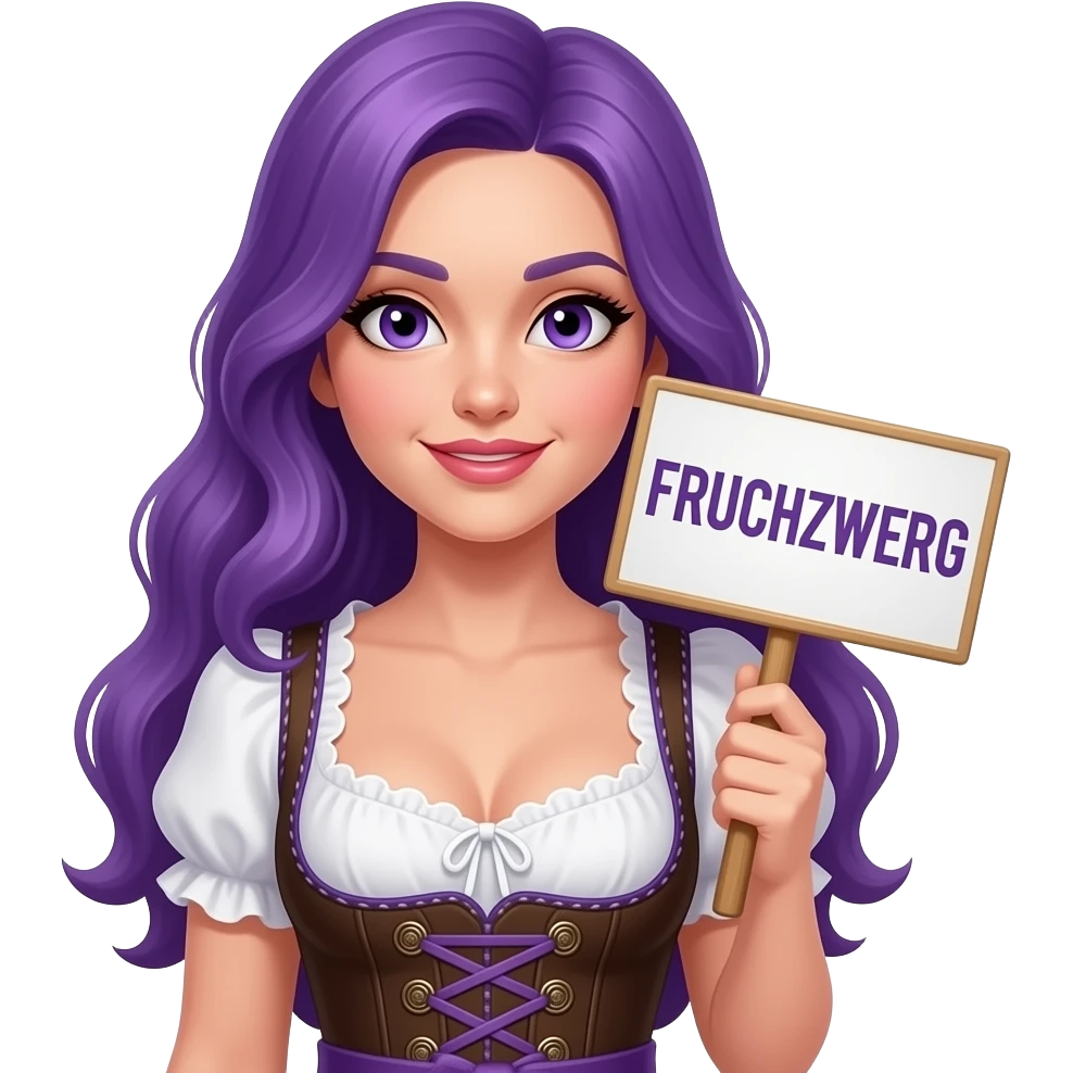 sexy girl with long purple hair and purple eyes wearing a dirndl holding a FRUCHTZWERG sign emoji