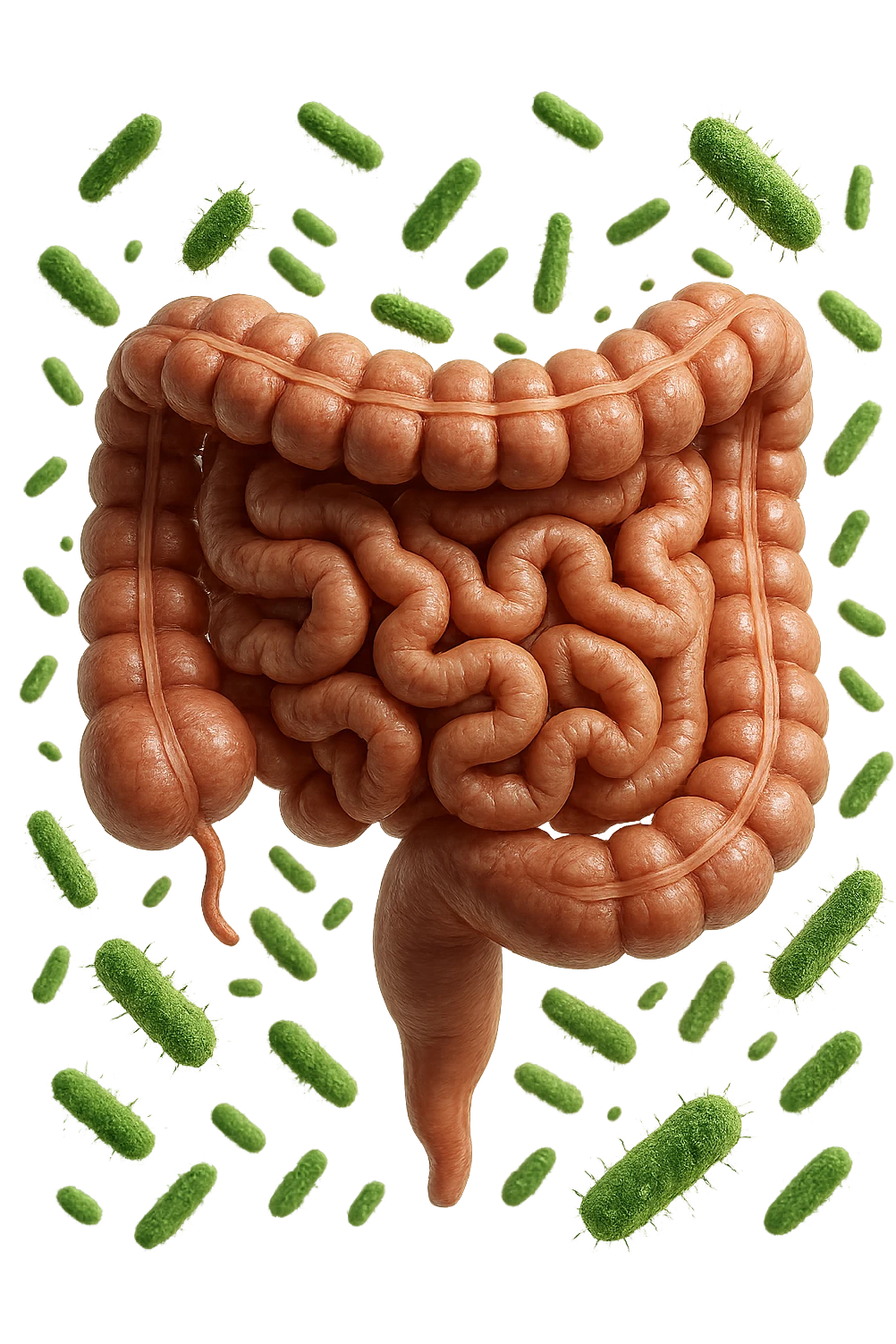 intestino umano anatomico con batteri che fluttuano, iperrealistico 4k emoji