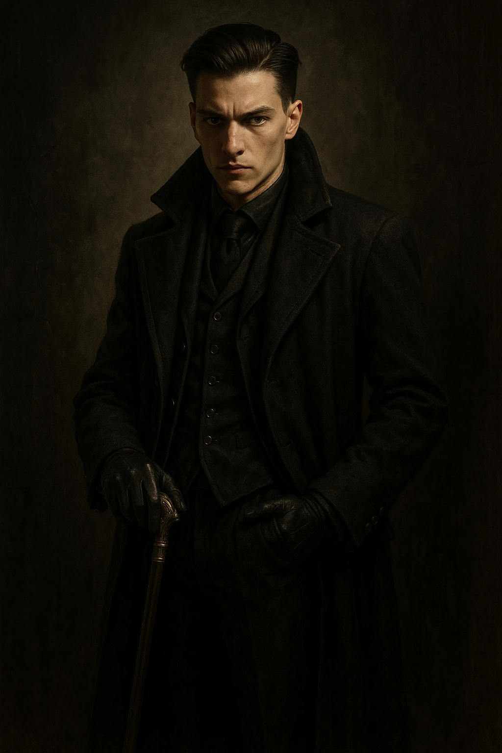 Kaz Brekker from Six of Crows, standing with a cane, black gloves, slicked-back hair, dressed in dark layered clothing, mysterious confident pose emoji