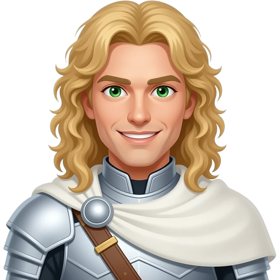 A white man with long curly hair the colour of beaten gold put in a middle part. He is wearing white armour with a white cape. He is clean shaven and has a smile that cuts like a knife. He also has emerald green eyes. He has a sharp jawline. emoji