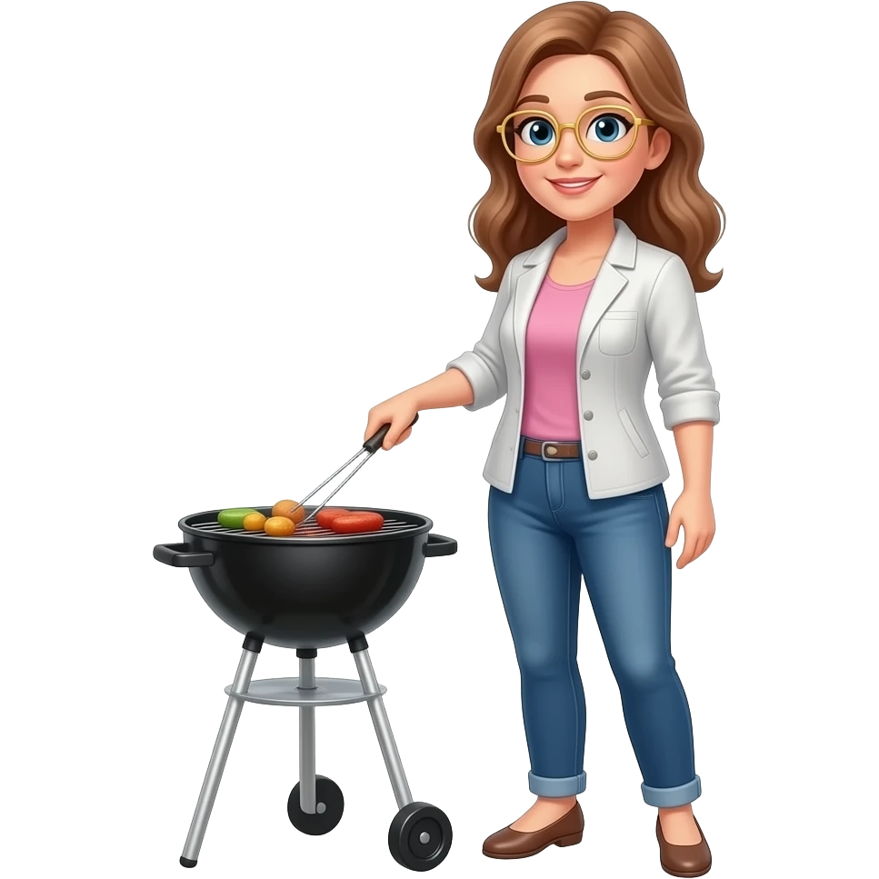 adult female with long light brown hair and gold rimmed glasses grilling outside emoji