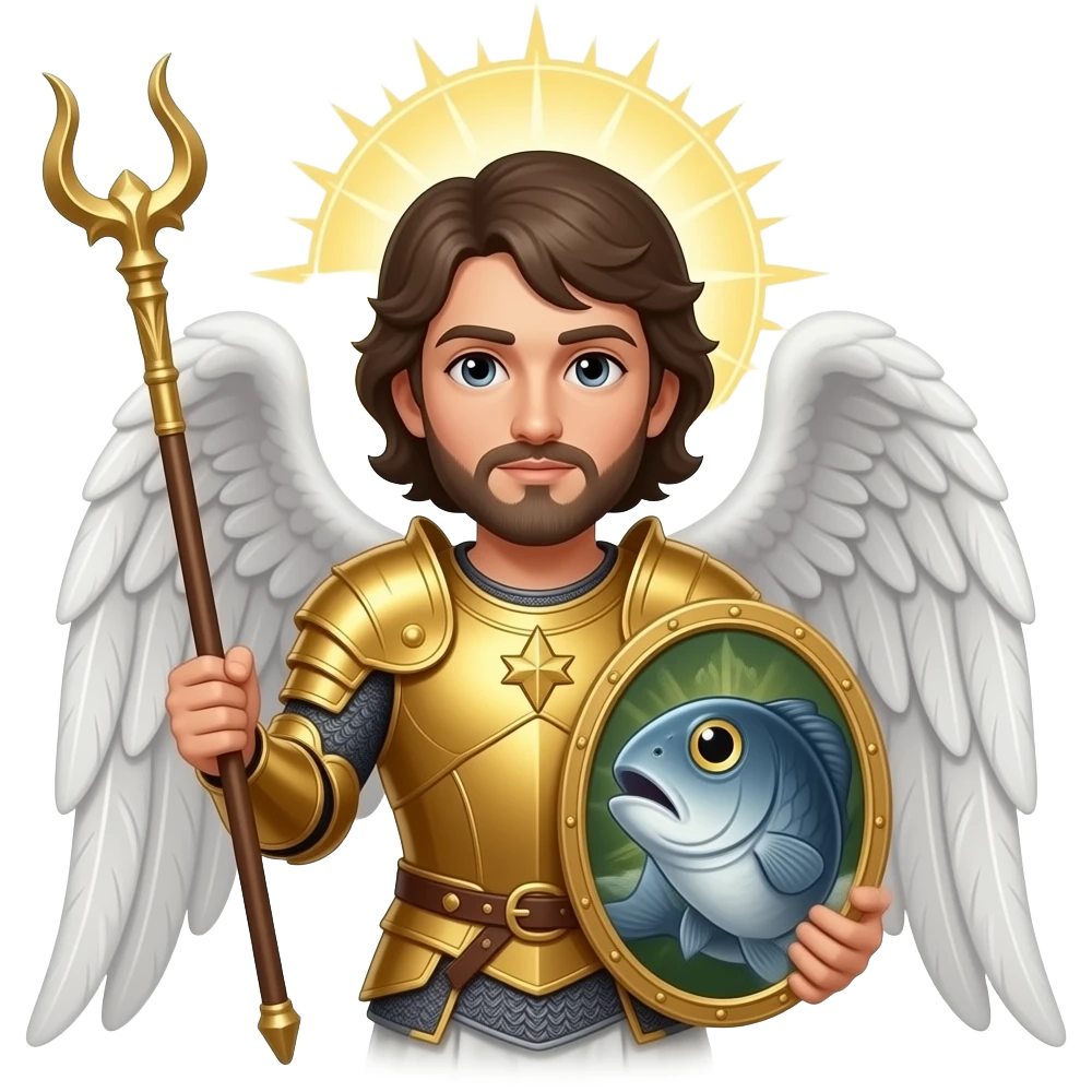 St. Raphael the Archangel holding a staff and a fish emoji