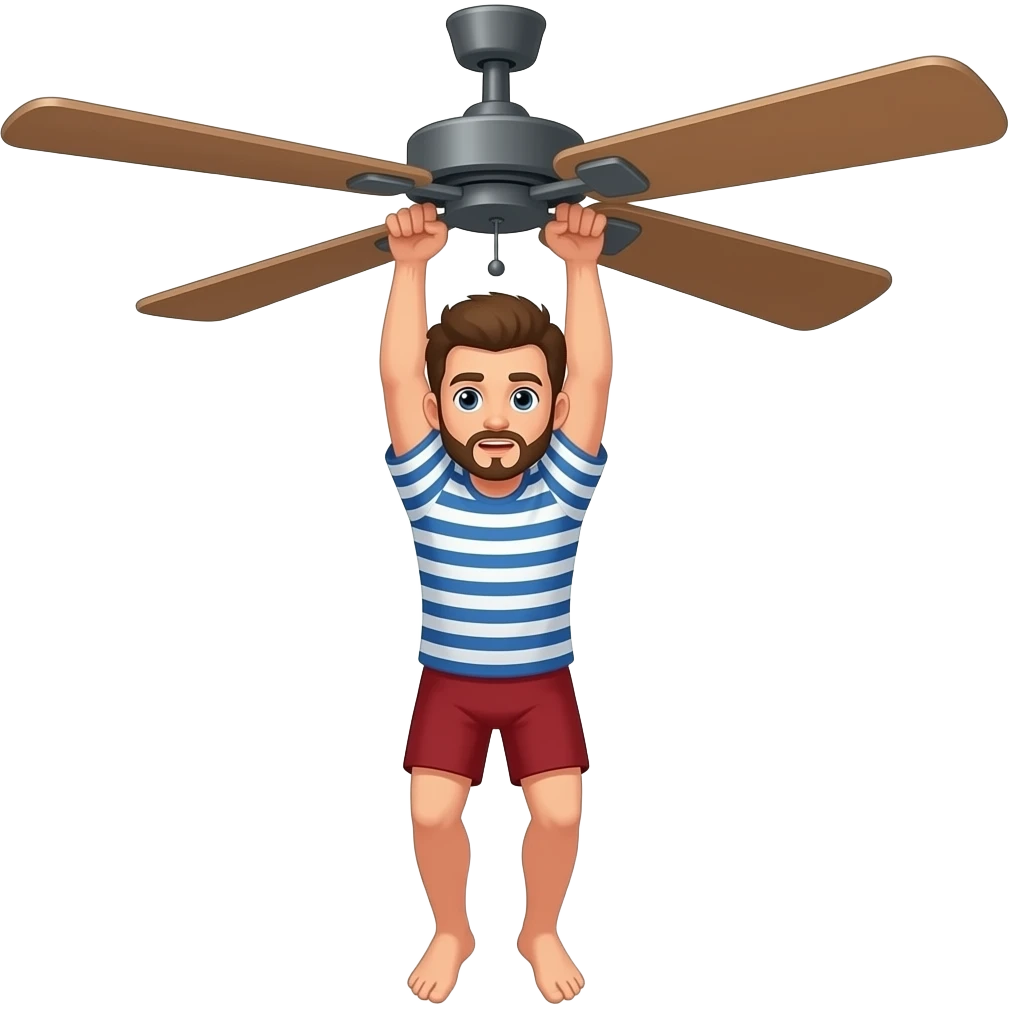 A man hanging to  ceiling fan with roaf doing suicide emoji