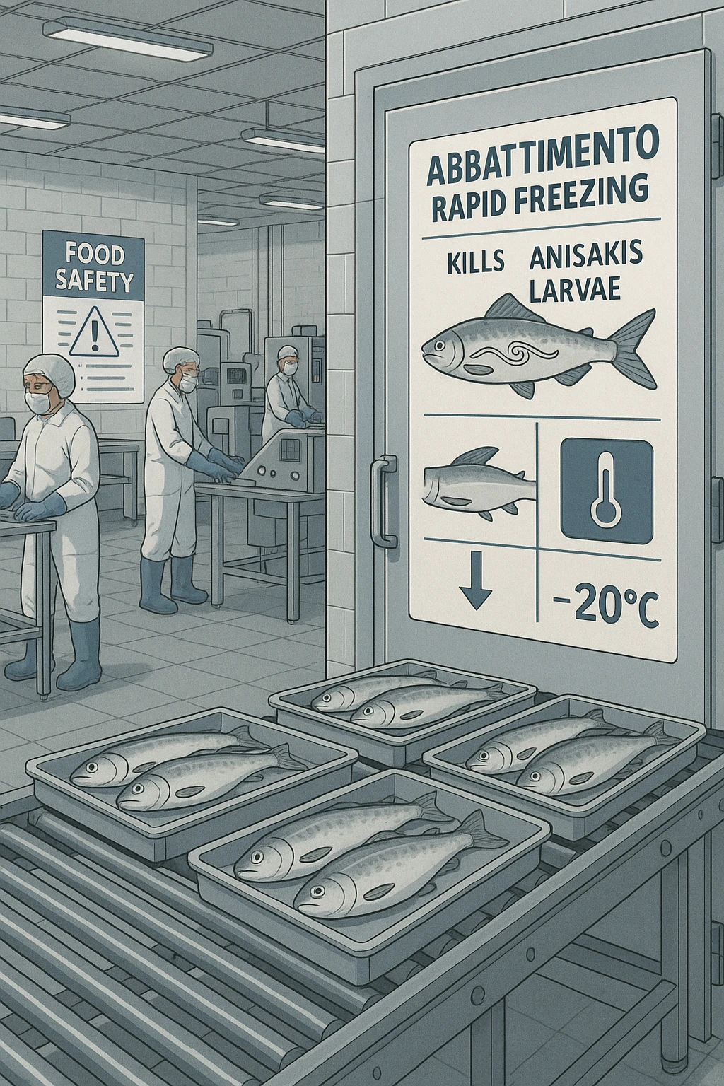 a fish processing facility where freshly caught fish are placed on trays and moved into a large industrial freezer. A temperature gauge shows -20°C, and an educational label explains that rapid freezing (abbattimento) is used to kill Anisakis larvae. The background includes workers in protective clothing and clear signage about food safety. emoji